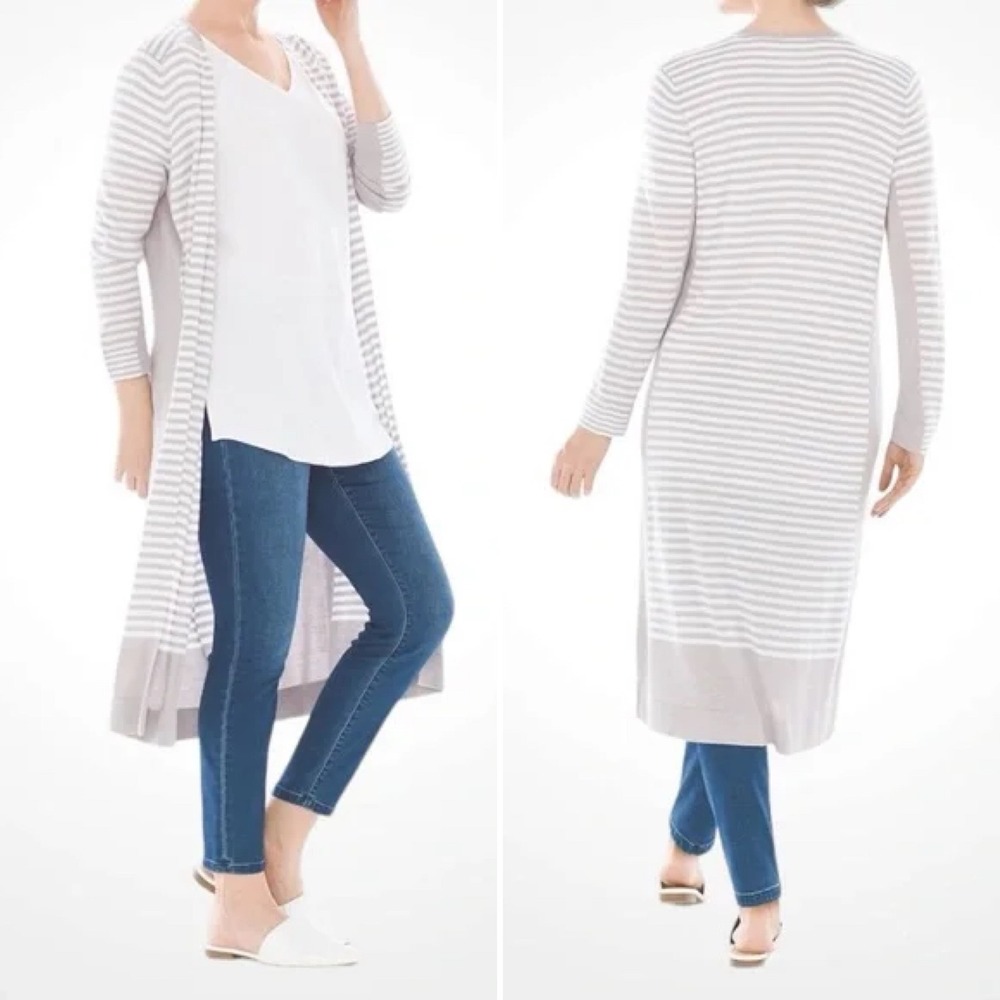 Soma color block Longline Striped Open Front Duster Cardigan Taupe White S